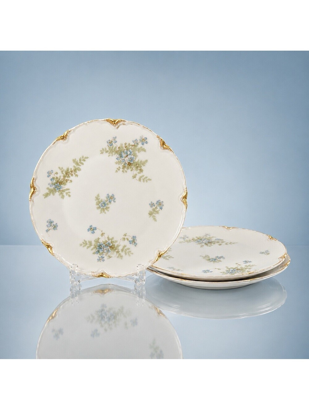 Haviland Limoges France 1900s 3 Salad Plates Schleiger 52H Violets & Ferns, 7.5”